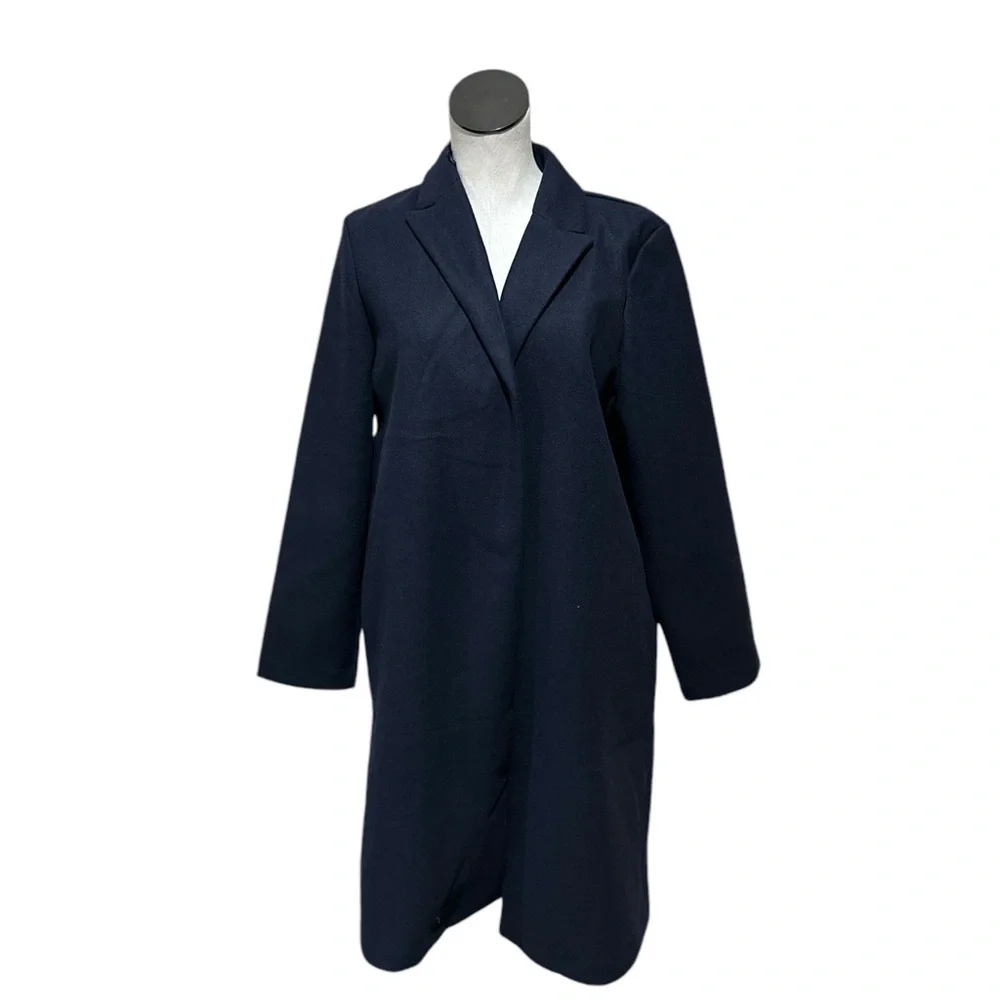 NWOT Zara Lapel Collar Felt Texture Long Open Front Coat NAVY - Picture 3 of 6